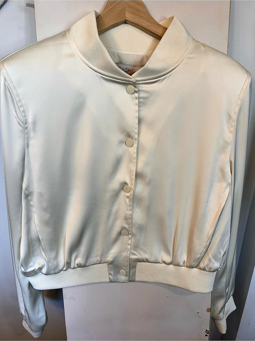 Rachel Zoe Ivory Satin Snap-Front Bomber Jacket - Size M